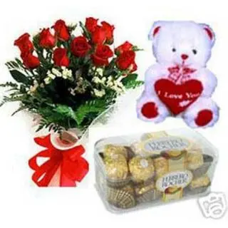 Bunch of 12 Red Roses with 6 inch teddy and 16 pcs Ferrero Rocher Chocolates