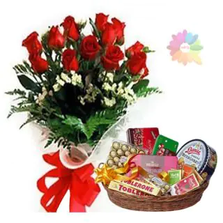Bunch of 12 red roses with chocolate hamper of rich and premium quality chocolates