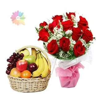 Bunch of 12 red roses with special packing with 3 kg mix fruit basket