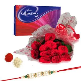 bunch of 12 roses with 1 celebration box of chocolates with 1 rakhi and roli chawal