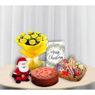 Bunch of 12 yellow roses, santa soft toy, Greeting card, chocolate plum cake , Basket of Premium assorted chocolates