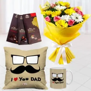 Bunch of 15 mix flowers, set of photo mug and photo cushion with 3 bournville chocolates 