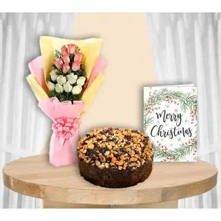 Bunch of 15 pink and white roses, Half kg chocolate plum Cake ,Christmas Greeting Card 