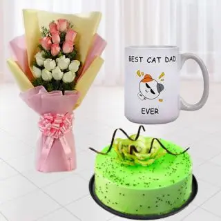 Bunch of 15 pink and white roses, Half kg kiwi cool cake, Photo mug 
