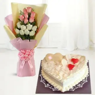Bunch of 15 Pink and white roses with 1 kg heart shape white frest cool cake 