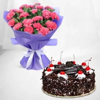 Bunch of 15 pink carnations with 1 kg black forest cool cake 
