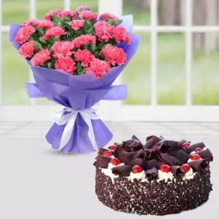 Bunch of 15 pink carnations with black forest cool cake  