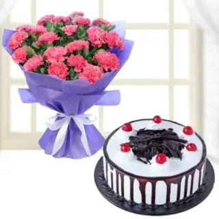 Bunch of 15 pink carnations with black forest cool cake 