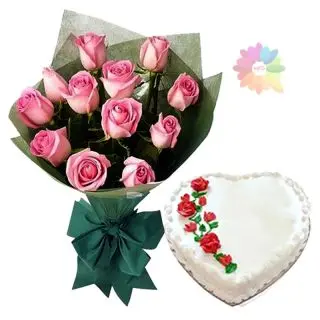 Bunch of 15 pink roses with 1 kg heart shape vanilla fresh cream cake 