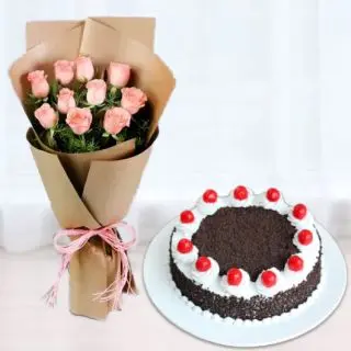 Bunch of 15 pink roses with black forest cool cake 