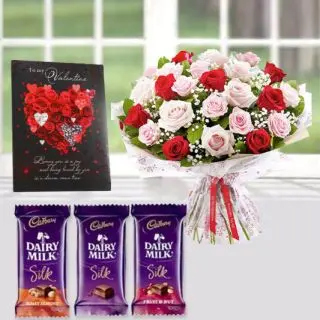 Bunch of 15 red and pink roses, 3 dairy milk silk chocolates, with valentine greeting card 
