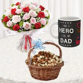 Bunch of 15 red and pink roses, basket of 1 kg assorted dry fruits with photo mug 