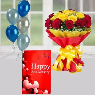 Bunch of 15 red and yellow roses, anniversary card with 5 blown balloons 