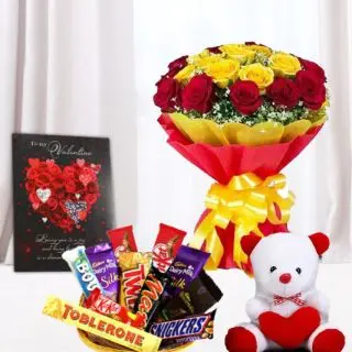 Bunch of 15 red and yellow roses, basket of assorted chocolates, 6 inch teddy bear with valentine card 