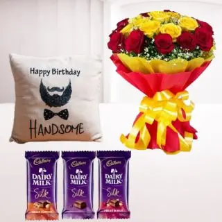 Bunch of 15 red and yellow roses, set of 3 dairy milk silk chocolates, photo cushion 