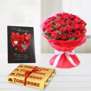 bunch of 15 red carnations, set of 4 toblerone chocolates, valentine Greeting card 