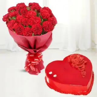 Bunch of 15 red carnations with heart shape strawberry cake 