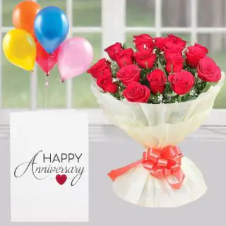 Bunch of 15 red roses ,anniversary greeting card , 5 blown balloons 