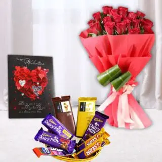 Bunch of 15 red roses, basket of assorted chocolates, valentine greeting card 