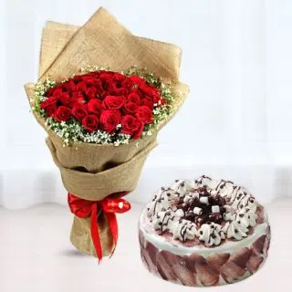 Bunch of 15 red roses in jute packing  with irish chocolate cake 