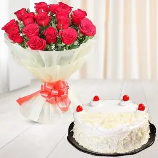 Bunch of 15 red roses with white forest cool cake 
