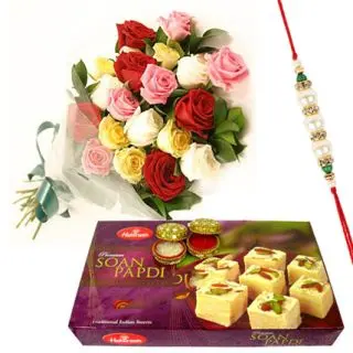 Bunch of 20 Mix color roses, 1kg Soan Papdi with one Rakhi's & Roli Chawal