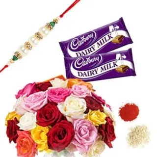 Bunch of 20 mix roses with 2 dairy milk cadburies with 1 rakhi and roli chaweal