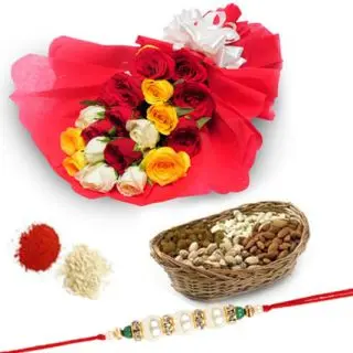 Bunch of 20 mix roses with special packing with 1 kg assorted dry fruits with 1 rakhi and roli chawal
