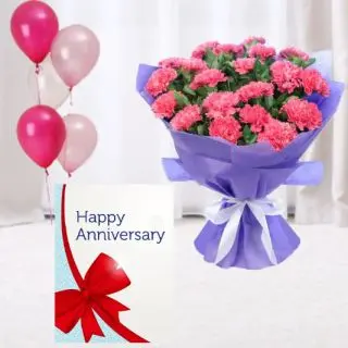 Bunch of 20 pink carnations,  5 blown balloons with anniversary card 