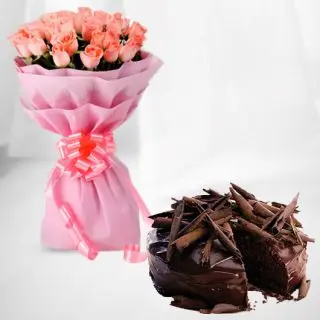 Bunch of 20 pink roses with premium quality chocolate truffle cake 
