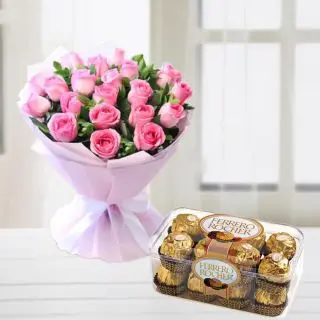 Bunch of 20 Pink roses with box of 16 pcs rocher ferrero chocolates 