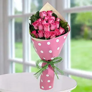 Bunch of 20 pink roses with polka dot packing 