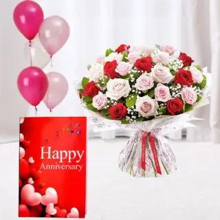 Bunch of 20 red and pink roses , anniversary card , 5 blown balloons 
