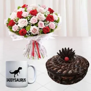 Bunch of 20 red and pink roses, half kg chocolate fudge cake, photo mug 