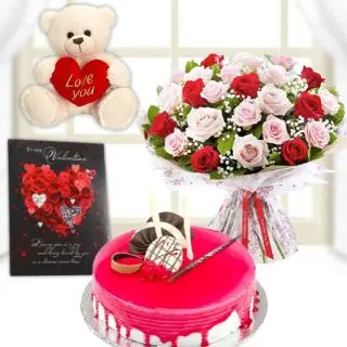 Bunch of 20 red and pink roses, half kg strawberry cake, valentine greeting card, 1 feet height teddybear 