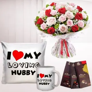 Bunch of 20 red and pink roses, photo mug with photo cushion with 3 bournville chocolates 