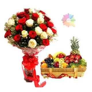 Bunch of 20 red and white roses with 3 kg mix fruits  basket with 10 assorted chocolates