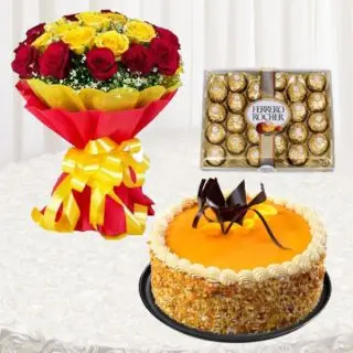 Bunch of 20 red and yellow roses with Half kg honey almond cake with 24 pcs rocher ferrero chocolates 
