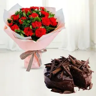 Bunch of 20 red carnations with chocolate truffle heart shape cake 
