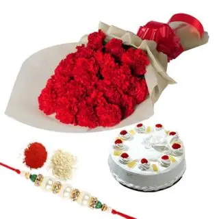 bunch of 20 red carnations with 1 kg pineapple fresh cream cake with 1 rakhi and roli chawal