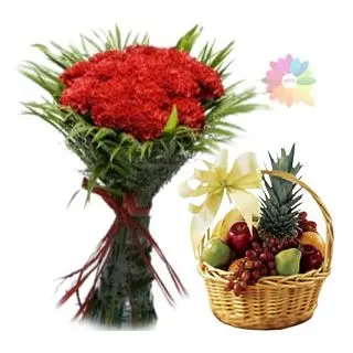 Bunch of 20 red carnations with basket of 3 kg mix seasonal fruits 