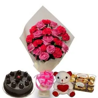 	Bunch of 20 Red Carnations with pink roses with 1 teddy and cake
