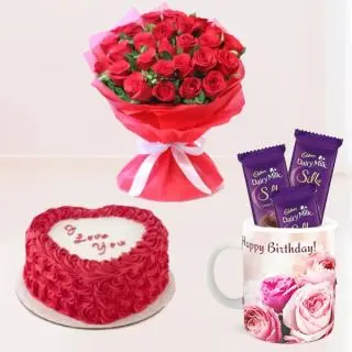 Bunch of 20 red roses, Half kg heart shape red velvet cake,with set of 2 silk in photo mug  
