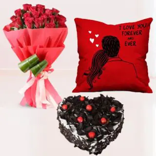 Bunch of 20 red roses, half kg heart shape white forest cake with photo cushion 
