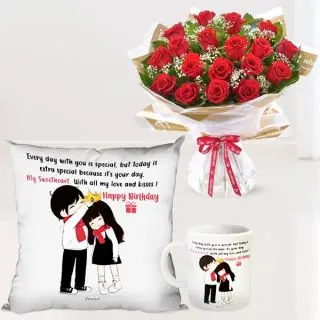 bunch of 20 red roses , photo cushion with photo mug 