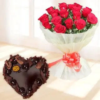 Bunch of 20 red roses with 1 kg heart shape chocolate cake 