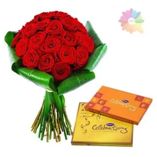 Bunch of 20 red roses with 2 celebration chocolate boxes