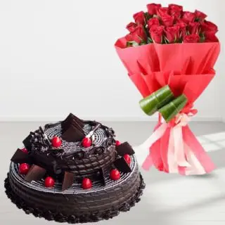 Bunch of 20 red roses with a delicious 2 step double chocolate 2.5 kg cake 