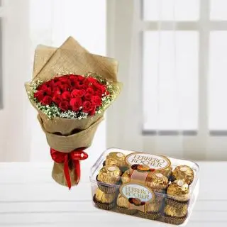 Bunch of 20 red roses with box of 16 pcs rocher ferrero chocolates  