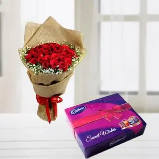 Bunch of 20 red roses with box of celebration chocolates 